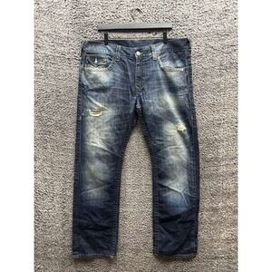 True Religion Straight Leg Distressed Denim Jeans Medium Wash Blue Mens‎ Size 38